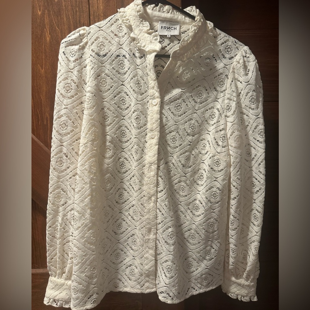 Frnch Celia Ivory High Collar Long Sleeve Lace Blouse Size M